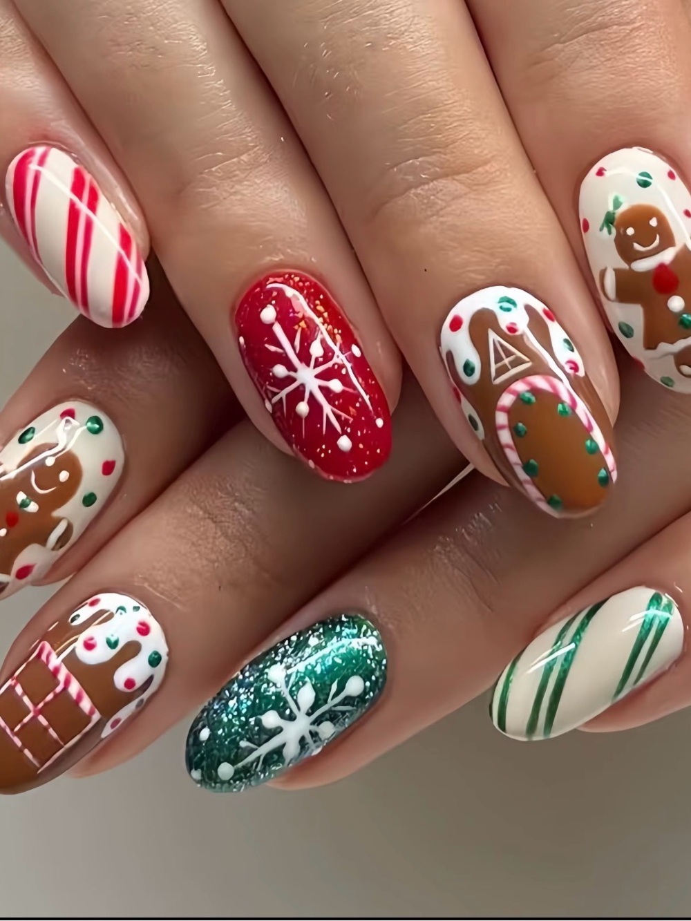 Holiday Gingerbread & Candy Cane Press-On Nails — Red, White, Green